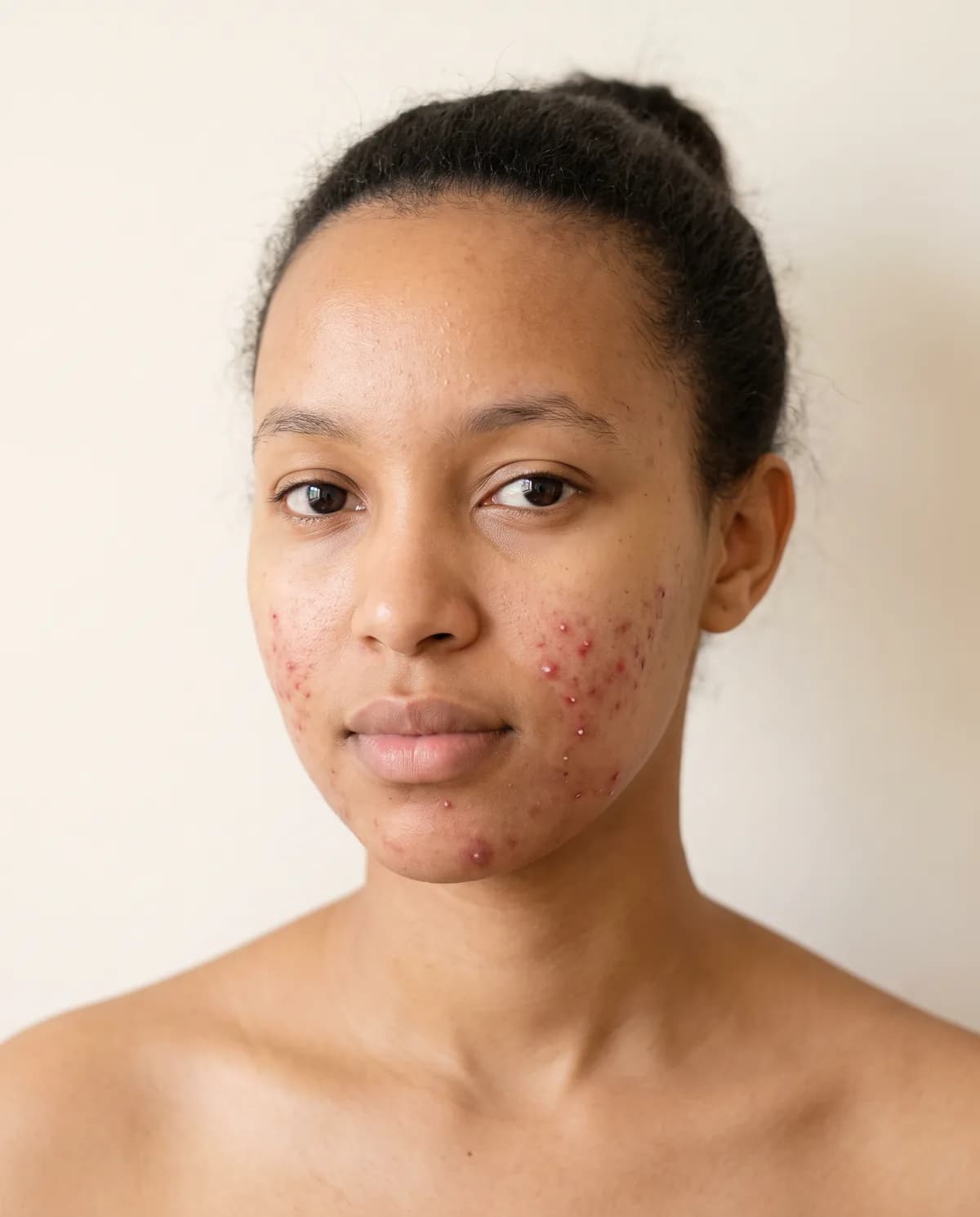 Before: a young woman in her early twenties, photographed straight on in daylight