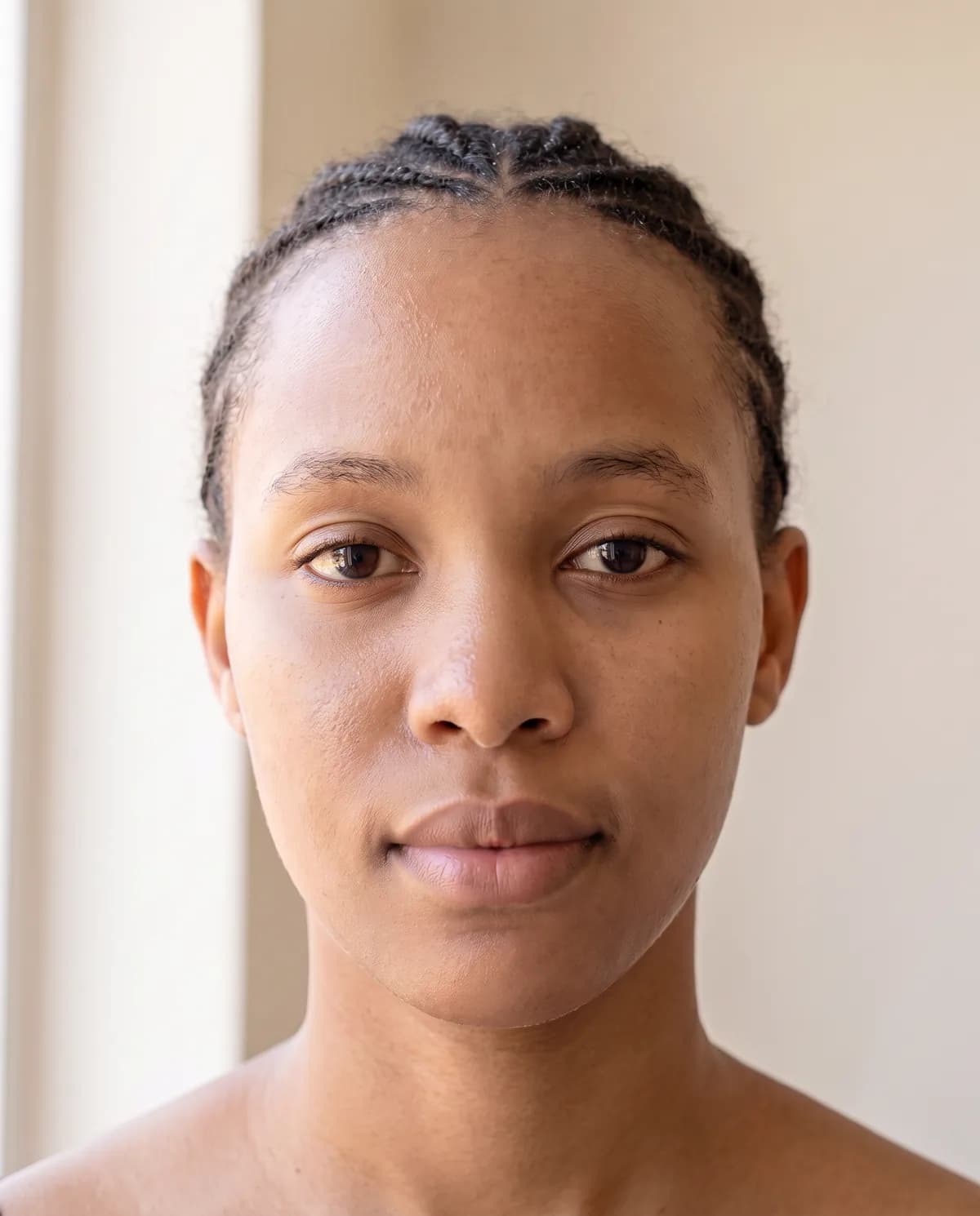 After: a young woman around twenty, photographed straight on in daylight