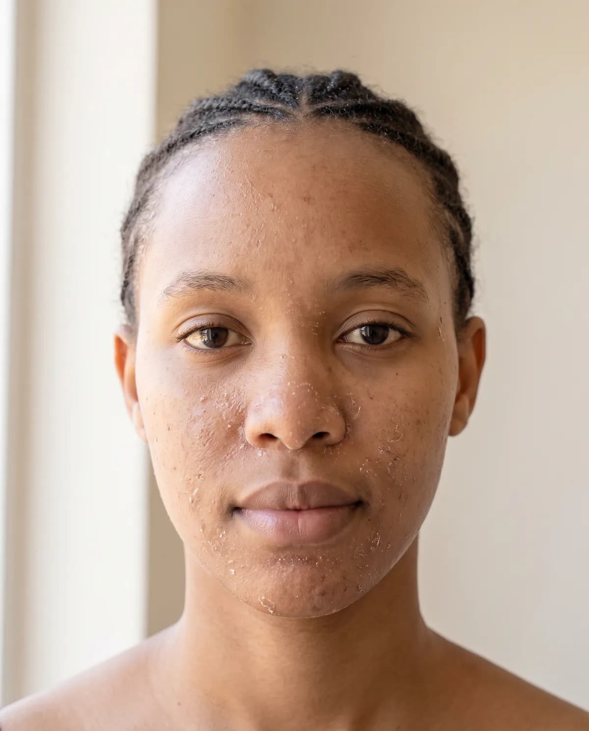 Before: a young woman around twenty, photographed straight on in daylight