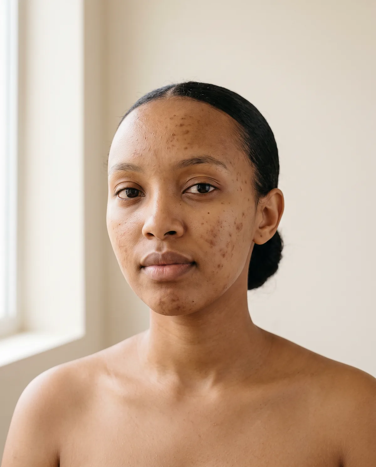 Before: a young woman in her early twenties, photographed straight on in daylight